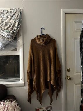 Womens Brown Fringe Turtleneck Poncho Sweater